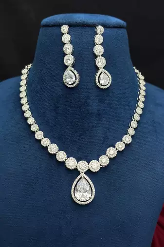 Pear Cut CZ Bridal Necklace Earrings Set, Teardrop Wedding Jewelry, Silver Statement Bridesmaid Prom