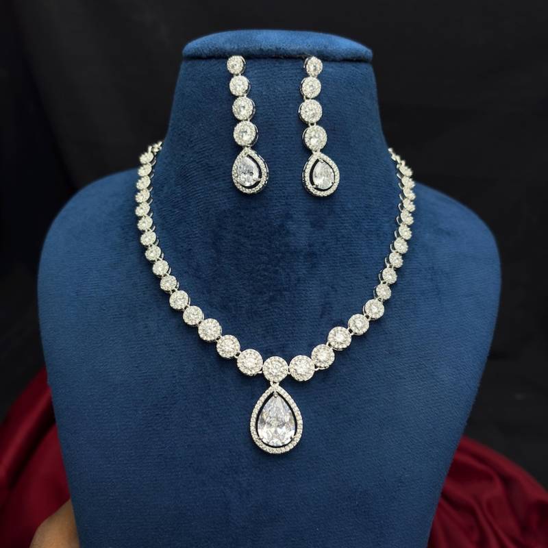 Pear Cut CZ Bridal Necklace Earrings Set, Teardrop Wedding Jewelry, Silver Statement Bridesmaid Prom