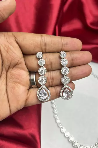 Pear Cut CZ Bridal Necklace Earrings Set, Teardrop Wedding Jewelry, Silver Statement Bridesmaid Prom