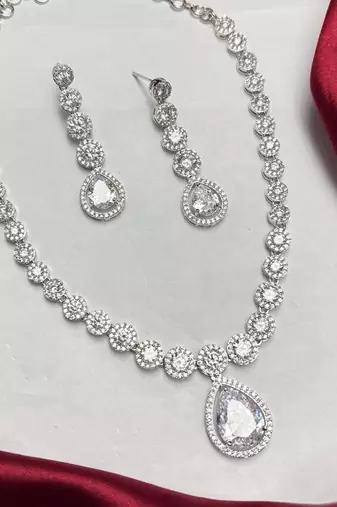 Pear Cut CZ Bridal Necklace Earrings Set, Teardrop Wedding Jewelry, Silver Statement Bridesmaid Prom