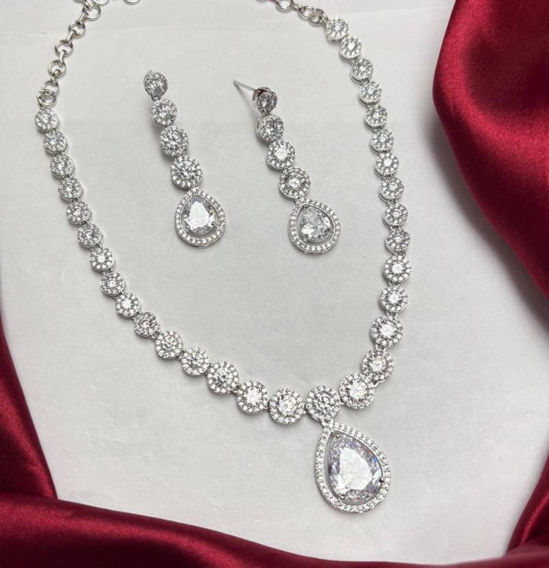 Pear Cut CZ Bridal Necklace Earrings Set, Teardrop Wedding Jewelry, Silver Statement Bridesmaid Prom