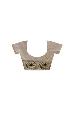 off-white cotton blend saree with olive green floral embroidered stitched saree 4