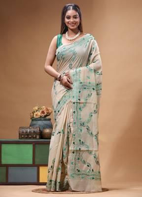 off-white cotton blend saree with teal green floral embroidered stitched saree 1