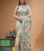 off-white cotton blend saree with teal green floral embroidered stitched saree
