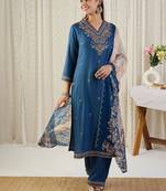 Ethnic Motifs Embroidered V-Neck Thread Work Kurta With Trousers & Dupatta