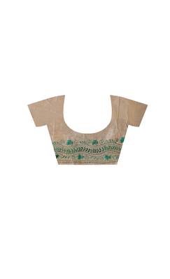 off-white cotton blend saree with teal green floral embroidered stitched saree 4