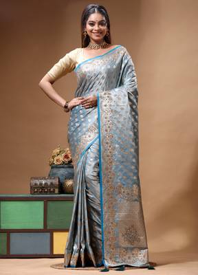 sky blue premium designer silk blend saree with crystal handwork and gold zari woven border elegant pallu 1