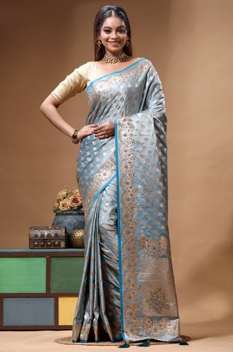 sky blue premium designer silk blend saree with crystal handwork and gold zari woven border elegant pallu