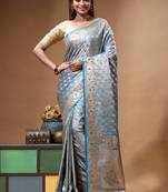sky blue premium designer silk blend saree with crystal handwork and gold zari woven border elegant pallu