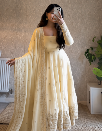 white color sequin embroidery silk blend gown set