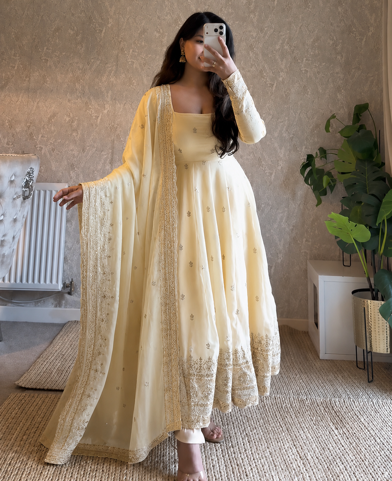 white color sequin embroidery silk blend gown set
