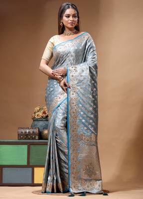 sky blue premium designer silk blend saree with crystal handwork and gold zari woven border elegant pallu 2