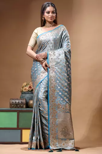 sky blue premium designer silk blend saree with crystal handwork and gold zari woven border elegant pallu