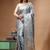 sky blue premium designer silk blend saree with crystal handwork and gold zari woven border elegant pallu