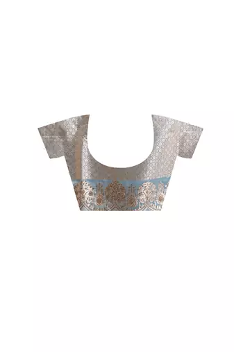 sky blue premium designer silk blend saree with crystal handwork and gold zari woven border elegant pallu