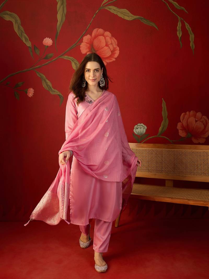 Pink roman glass kurta pant set with heavy sequin jacquard dupatta