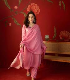 Pink roman glass kurta pant set with heavy sequin jacquard dupatta