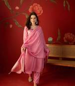 Pink roman glass kurta pant set with heavy sequin jacquard dupatta