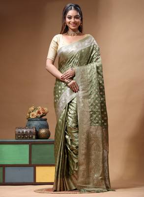sage green silk blend saree with designer silver zari buta motifs & crystal  1