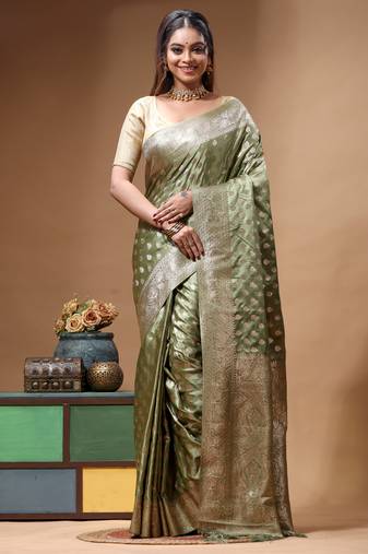 sage green silk blend saree with designer silver zari buta motifs & crystal 