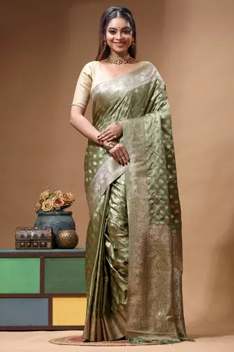 sage green silk blend saree with designer silver zari buta motifs & crystal 