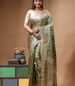 sage green silk blend saree with designer silver zari buta motifs & crystal 