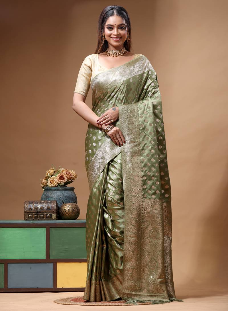 sage green silk blend saree with designer silver zari buta motifs & crystal 