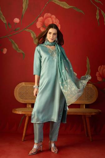  sea green roman glass kurti pant set with heavy jacquard dupatta