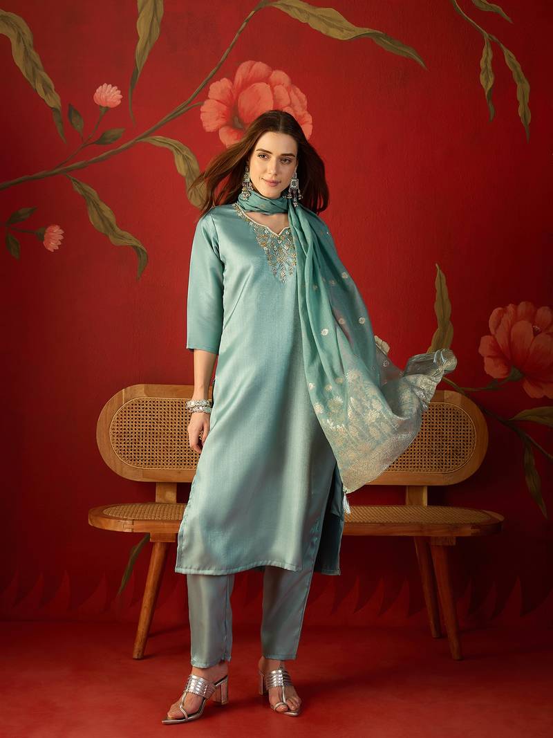  sea green roman glass kurti pant set with heavy jacquard dupatta