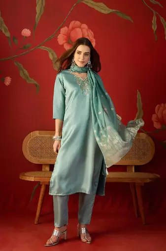  sea green roman glass kurti pant set with heavy jacquard dupatta