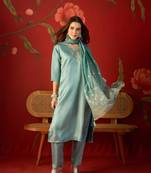  sea green roman glass kurti pant set with heavy jacquard dupatta