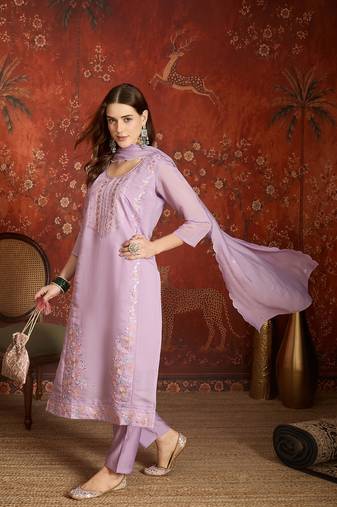 Elegant lavender mull chanderi embroidered kurti pant set