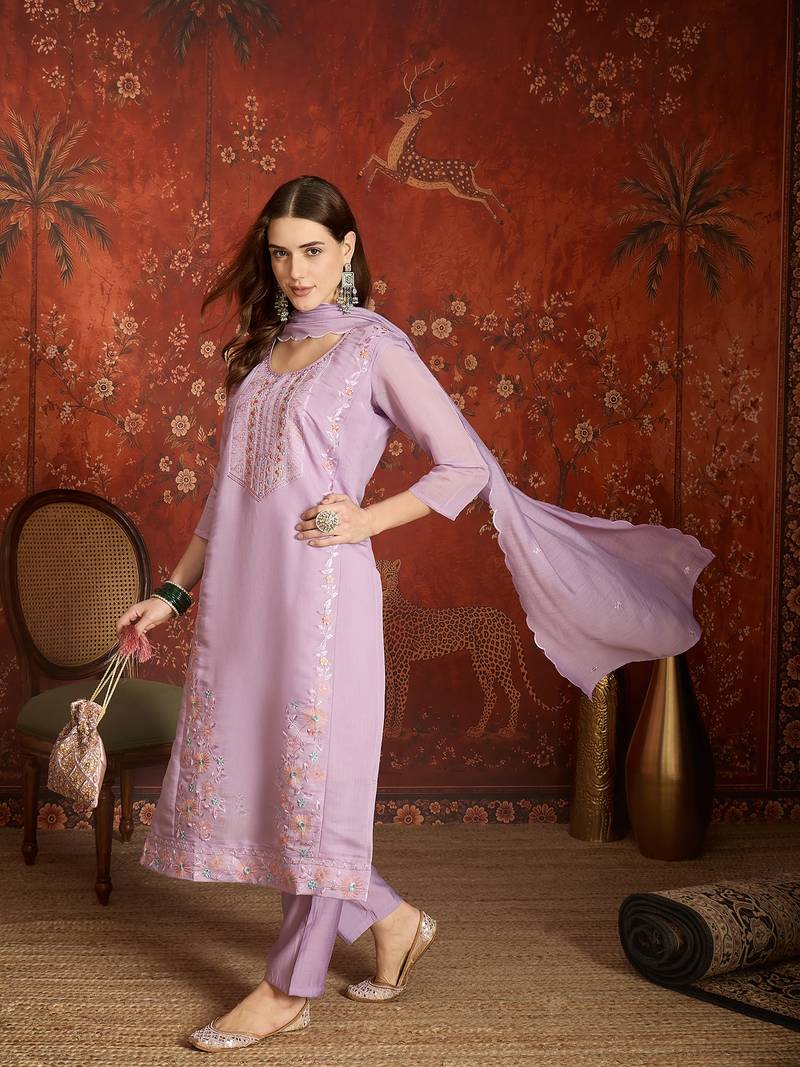 Elegant lavender mull chanderi embroidered kurti pant set