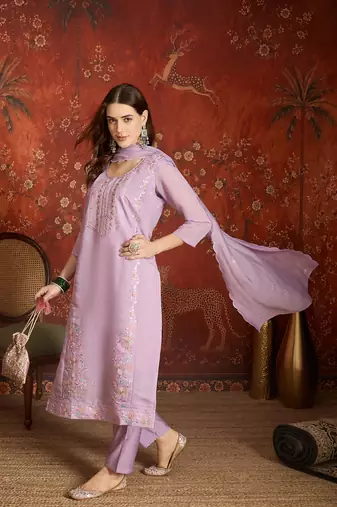 Elegant lavender mull chanderi embroidered kurti pant set