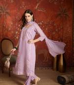 Elegant lavender mull chanderi embroidered kurti pant set