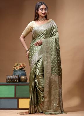 sage green silk blend saree with designer silver zari buta motifs & crystal  2