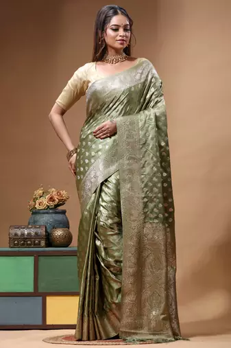 sage green silk blend saree with designer silver zari buta motifs & crystal 