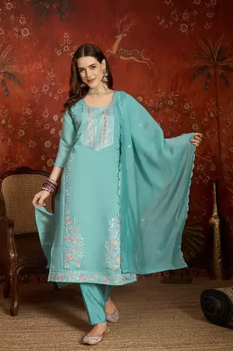  sea green mull chanderi embroidered kurti pant set