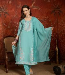  sea green mull chanderi embroidered kurti pant set