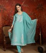  sea green mull chanderi embroidered kurti pant set