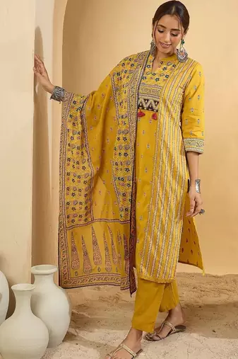 Women Ethnic Motifs Printed Regular Pure Cotton Kurta with Trousers & With Dupatta