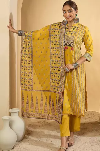 Women Ethnic Motifs Printed Regular Pure Cotton Kurta with Trousers & With Dupatta
