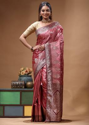 blush pink silk blend saree with silver zari floral motifs weaving & crystal  1