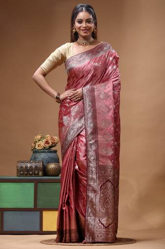 blush pink silk blend saree with silver zari floral motifs weaving & crystal 