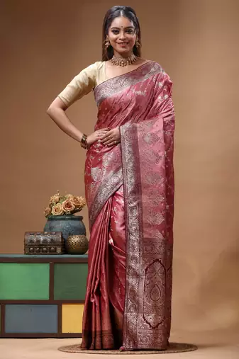 blush pink silk blend saree with silver zari floral motifs weaving & crystal 