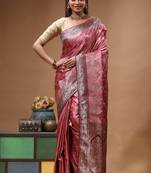 blush pink silk blend saree with silver zari floral motifs weaving & crystal 