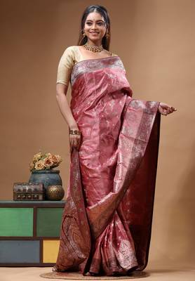 blush pink silk blend saree with silver zari floral motifs weaving & crystal  2