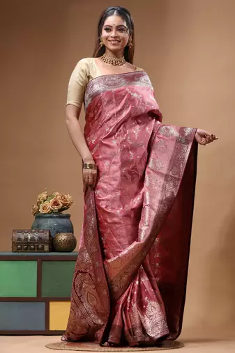 blush pink silk blend saree with silver zari floral motifs weaving & crystal 