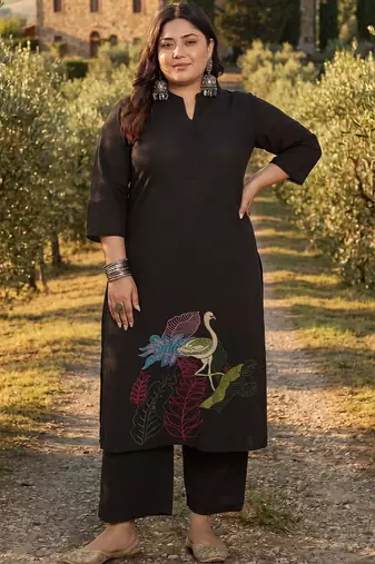 Plus Size Black Embroidered A-Line Kurta Palazzos Set