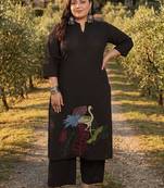 Plus Size Black Embroidered A-Line Kurta Palazzos Set